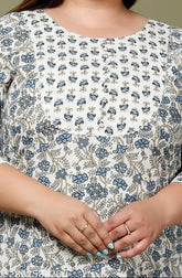 Printed floral print plus size pure cotton straight kurta (cream), women's three-quarter sleeve Kurta on model, Indian handcrafted ethnic wear for large sizes